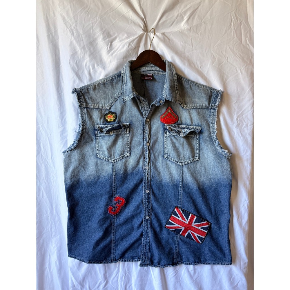 Hudson Outerwear Denim Vest Mens XXXL Blue Dip Dye Patch Sleeveless Snap Shirt